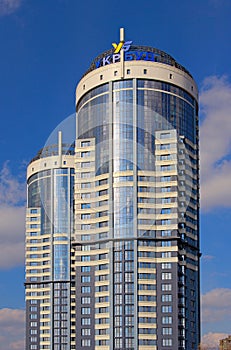 Residential complex Sunny riviera. Text on roof-UKRBUD. Two modern luxury skyscrapers against sky